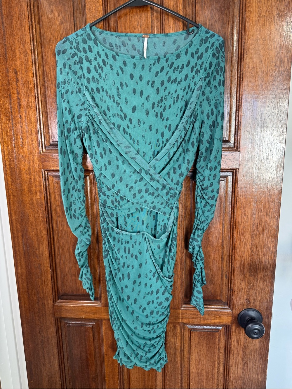 Free People Teal Long-Sleeve Faux-Wrap Ruched Dress with Spot Print